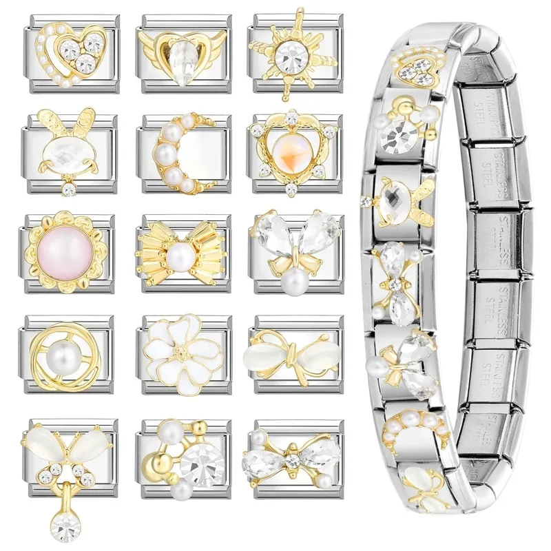 Grils Heart Moon Stars Bow Zircon Pearls Italian Charm Links Fit 9mm Stainless Steel Bracelet Women Jewelry DIY Making Gifts